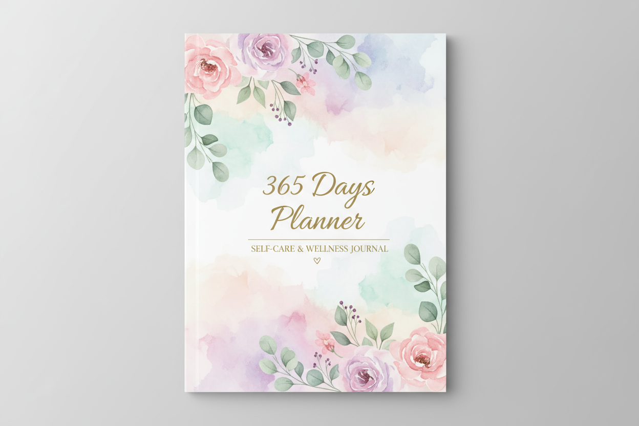Beautiful printable daily planner and journal cover. Soft pastel colors with floral elements, calming aesthetic. Elegant typography showing 365 days planner. Self-care journal design with wellness theme. Watercolor background, motivational layout. Clean, minimalist, modern design