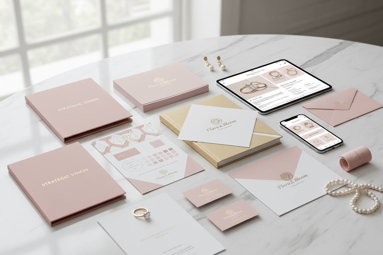 Business branding toolkit for jewelry brand. Professional graphic design elements including logo templates, brand guidelines, business plan documents. Marketing templates for social media. Professional business toolkit mockup. Modern aesthetic with jewelry elements