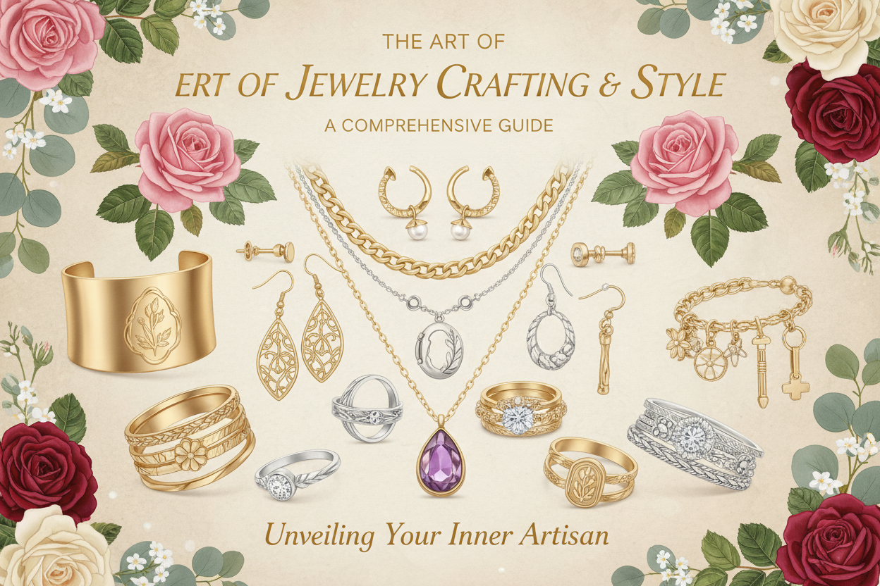 Professional e-book cover design for jewelry guide. Book cover showing a collage of handmade jewelry pieces - earrings, necklaces, rings, bracelets in gold and silver. Beautiful modern aesthetic with roses and natural elements, elegant typography with title, warm lighting, professional book cover art