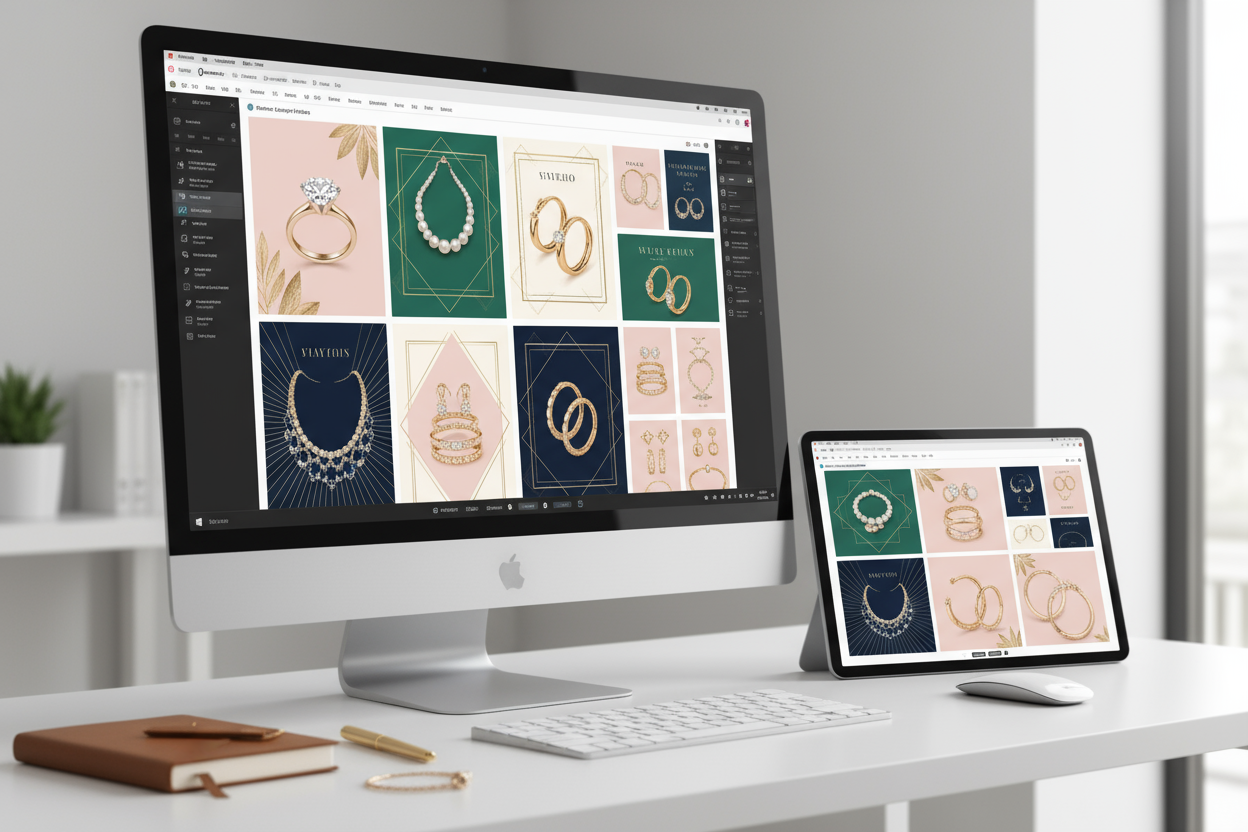 Social media template pack for jewelry brands mockup. Colorful Instagram post templates, stories, carousel designs showcasing jewelry products. Modern aesthetic with gold accents, minimalist design, Canva templates displayed on screen. Professional business graphics